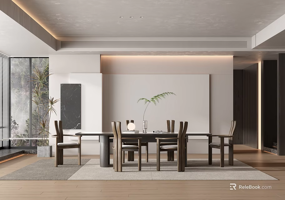 Modern Restaurant Interior Design With Long Dining Table Chairs Plant And Large Windows 3d model