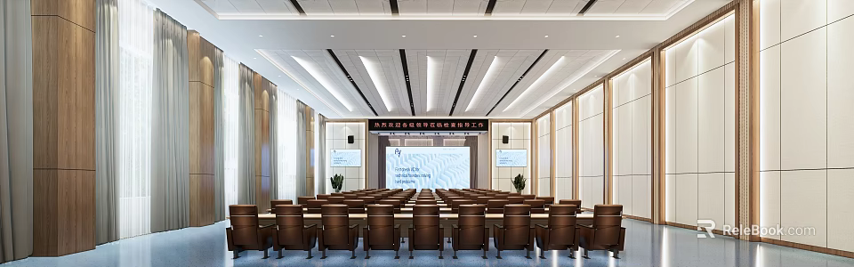Modern Conference Room Interior With Neatly Arranged Chairs Large Screen And Side Displays 3d model 