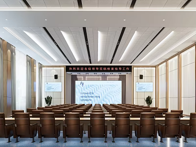 Modern Conference Room Interior With Neatly Arranged Chairs Large Screen And Side Displays 3d model