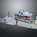 Traditional Chinese Architecture Miniature Model With Gray Tiled Roof Wooden Structure Trees And Decorative Elements