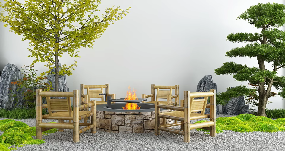 Wooden Outdoor Chairs Around Stone Fire Pit With Green Trees And Gravel Ground 3d model 