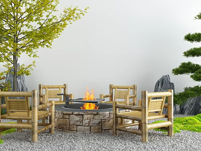 Wooden Outdoor Chairs Around Stone Fire Pit With Green Trees And Gravel Ground 3d model