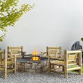 Wooden Outdoor Chairs Around Stone Fire Pit With Green Trees And Gravel Ground