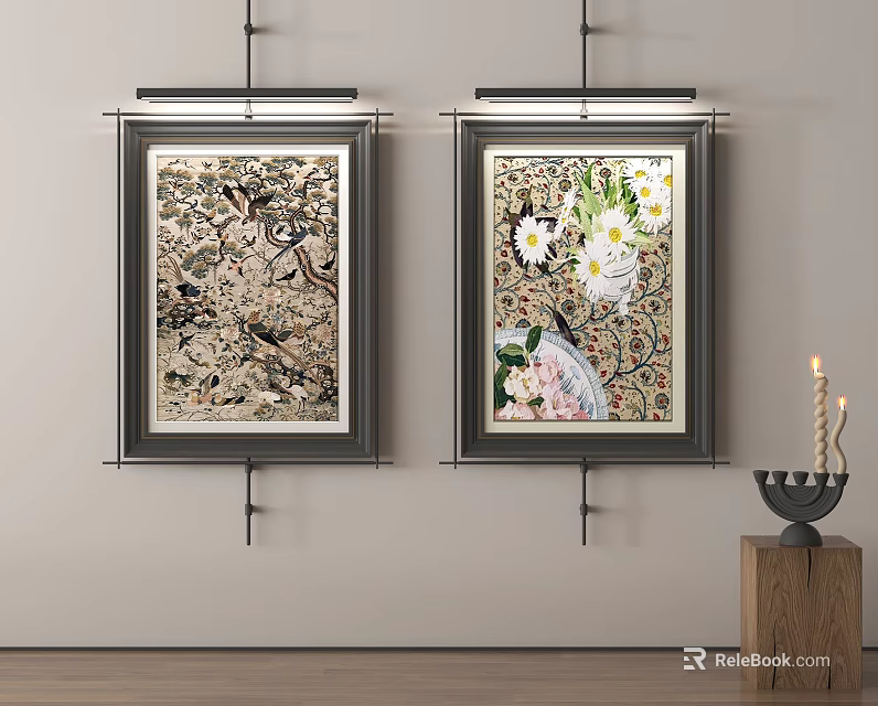 Decorative Wall Paintings with Intricate Patterns Birds White Pink Flowers and Wooden Table Candle Holder 3d model 