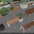 Modern Outdoor Benches With Green Plants And Planters In Paved Area