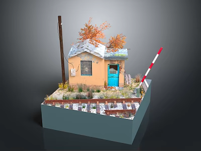 Small Yellow House Model Scene With Blue Door Snowy Roof And Orange Trees 3d model