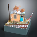 Small Yellow House Model Scene With Blue Door Snowy Roof And Orange Trees