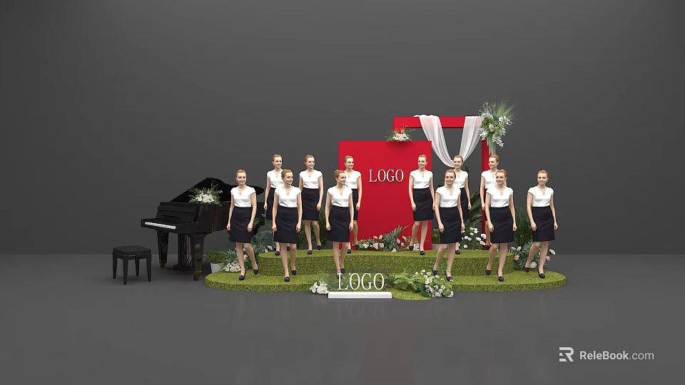 Art Installation With Female Performers Red Backdrop Logo Piano And Floral Decor 3d model 