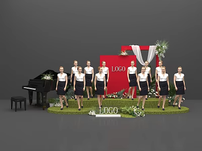Art Installation With Female Performers Red Backdrop Logo Piano And Floral Decor 3d model