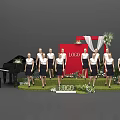Art Installation With Female Performers Red Backdrop Logo Piano And Floral Decor