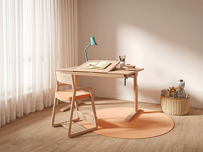 Wooden Desk With Chair Green Lamp Open Book And Orange Rug Near Window 3d model