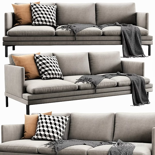 Modern Gray Two Seater Sofa With Brown And Checkered Pillows And Soft Blanket 3d model 