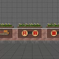 Red Brick Feature Wall With Circular Decorations Green Plants And Grey Base 3d model