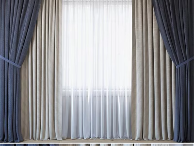 Navy Blue and Beige Layered Curtains with Sheer Panels and Tie Backs 3d model