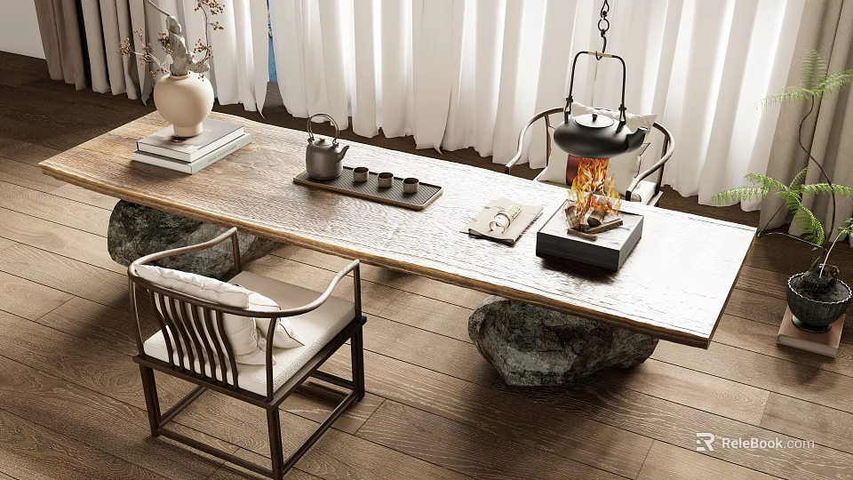 Natural Wooden Tea Table and Chairs with Ceramic Teapot Tea Cups and Stone Decor 3d model 