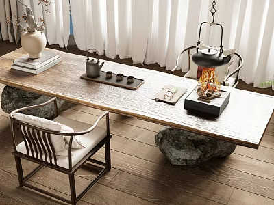 Natural Wooden Tea Table and Chairs with Ceramic Teapot Tea Cups and Stone Decor 3d model