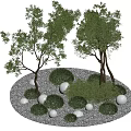 Lush Green Trees in Circular Gravel Garden with Shrubs and White Spherical Decorations