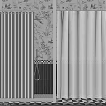 White Pleated Curtain in Bathroom with Floral Wall and Shower