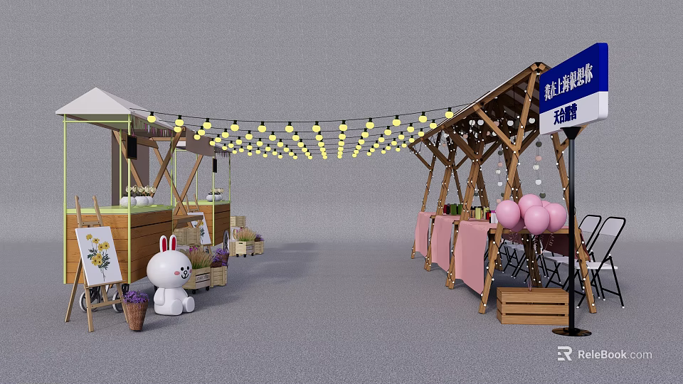 Vibrant Market Stall Setup With Wooden Canopy String Lights Pink Balloons And Seating Area 3d model 