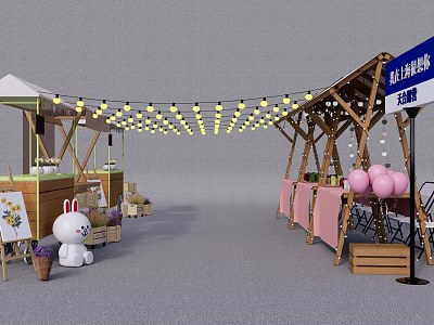 Vibrant Market Stall Setup With Wooden Canopy String Lights Pink Balloons And Seating Area 3d model