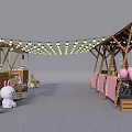Vibrant Market Stall Setup With Wooden Canopy String Lights Pink Balloons And Seating Area