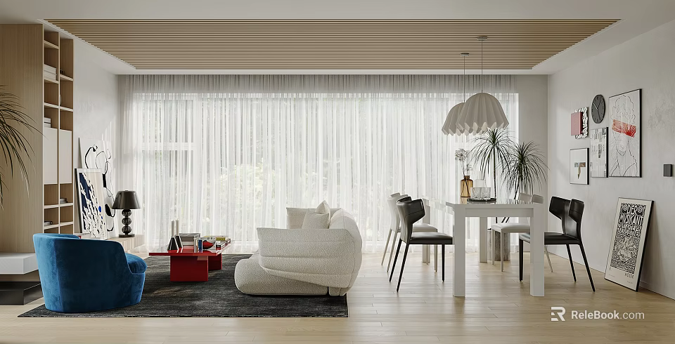 Modern Living And Dining Room Interior With White Sofa Dining Table Pendant Light And Curtains 3d model 