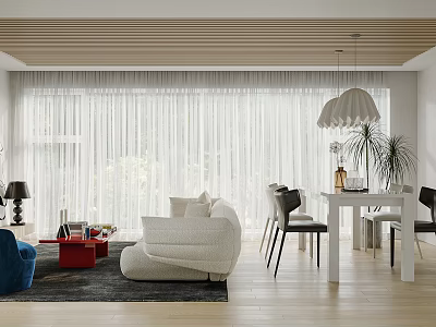 Modern Living And Dining Room Interior With White Sofa Dining Table Pendant Light And Curtains 3d model