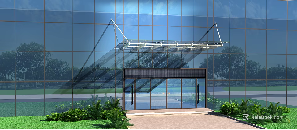 Modern Building Entrance With Glass Curtain Wall And Glass Canopy Surrounding Green Plants 3d model 