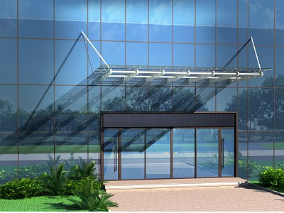 Modern Building Entrance With Glass Curtain Wall And Glass Canopy Surrounding Green Plants 3d model