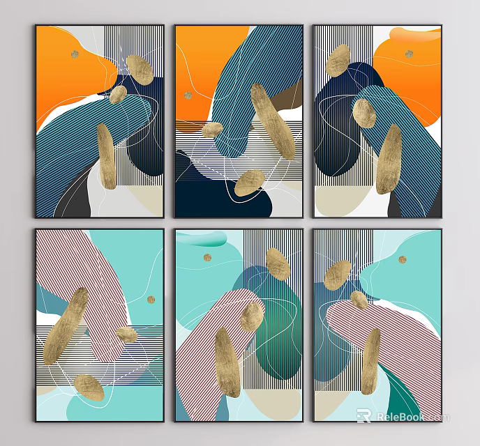 Modern Abstract Paintings With Colorful Geometric Shapes And Golden Accents 3d model 