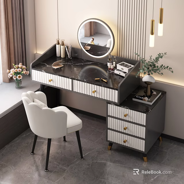 Elegant Modern Dressing Table With Illuminated Mirror White Chair And Marble Surface 3d model 