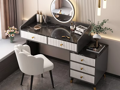 Elegant Modern Dressing Table With Illuminated Mirror White Chair And Marble Surface 3d model
