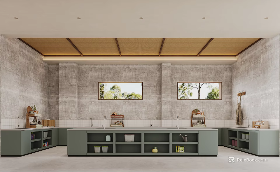 Modern Restaurant Kitchen Featuring Concrete Walls Wooden Ceiling Green Cabinets Windows And Open Shelves 3d model 