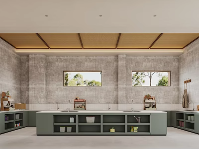 Modern Restaurant Kitchen Featuring Concrete Walls Wooden Ceiling Green Cabinets Windows And Open Shelves 3d model