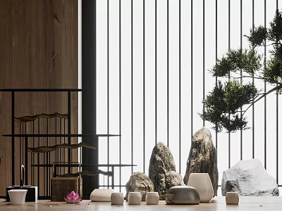 Elegant Tea Set in Zen Interior with Wooden Lattice Screen Stones and Pine Tree 3d model