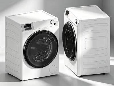 Two White Modern Front Load Washing Machines With Sleek Design And Control Panels 3d model