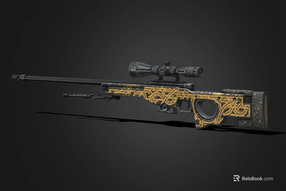 Black Sniper Rifle With Intricate Golden Patterns And Attached Optical Scope 3d model