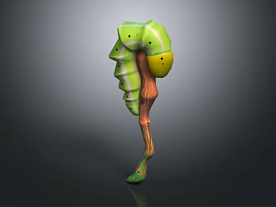 Fantasy Character And Mythical Creature With Green Spiral Body Yellow Accents Wooden Leg Eye Dots 3d model