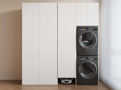 Modern Laundry Room With White Storage Cabinets Stacked Washer Dryer And Wooden Floor 3d model