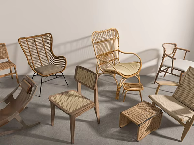 Leisure Chairs Collection with Wicker Rattan and Wooden Frame Designs 3d model