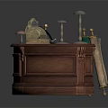 Classic Wooden Curved Reception Desk With Decorative Lamps And Office Accessories
