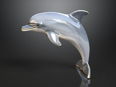 Shiny Silver Dolphin Sculpture On Black Background With Metallic Finish 3d model