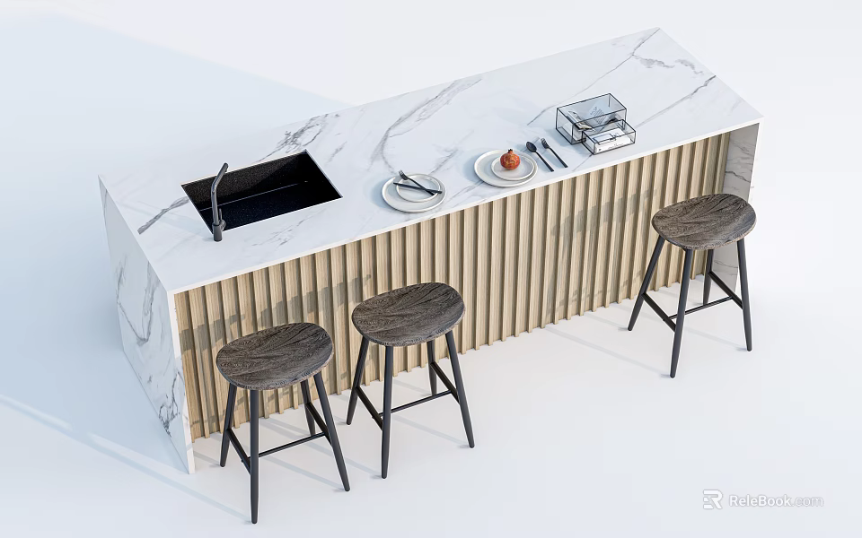 Modern Bar Counter With Marble Top Vertical Striped Panel And Three Stools 3d model 
