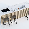 Modern Bar Counter With Marble Top Vertical Striped Panel And Three Stools