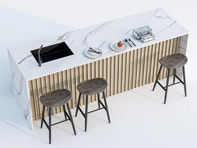 Modern Bar Counter With Marble Top Vertical Striped Panel And Three Stools 3d model