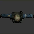 Tactical Personnel In Blue Uniform Helmet Face Mask Vest And Outstretched Arms