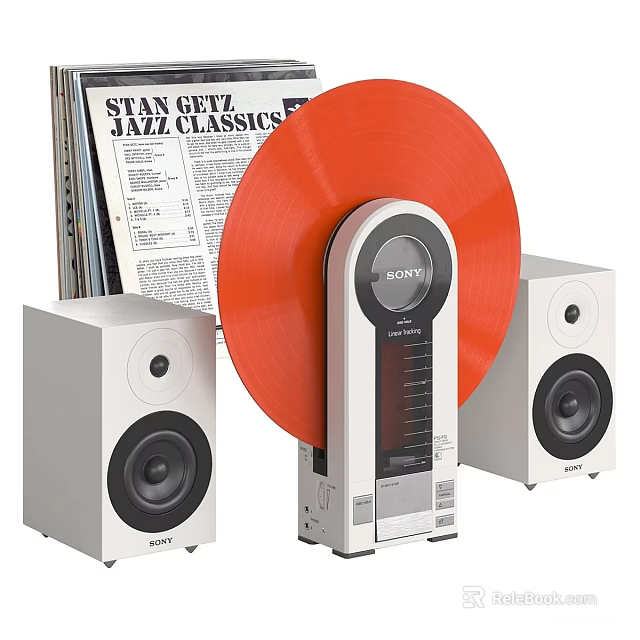 Sony Turntable Decorative Set with Orange Vinyl Record White Speakers and Jazz Vinyl Records 3d model 