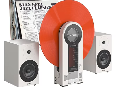 Sony Turntable Decorative Set with Orange Vinyl Record White Speakers and Jazz Vinyl Records 3d model