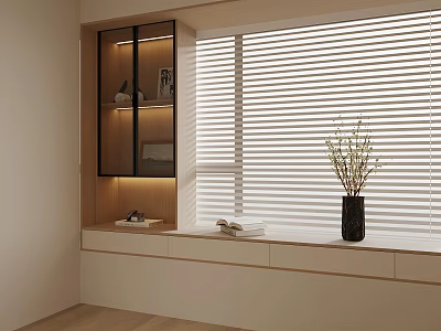 Modern Bay Window Cabinet With Wooden Display Shelves Blinds And Vase 3d model