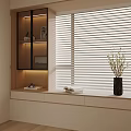 Modern Bay Window Cabinet With Wooden Display Shelves Blinds And Vase